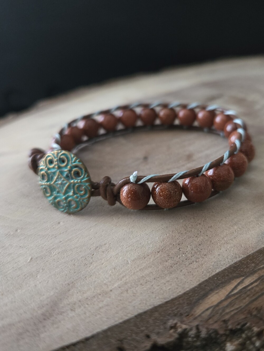048 New Handmade Wrap bracelet - leather and gemstone